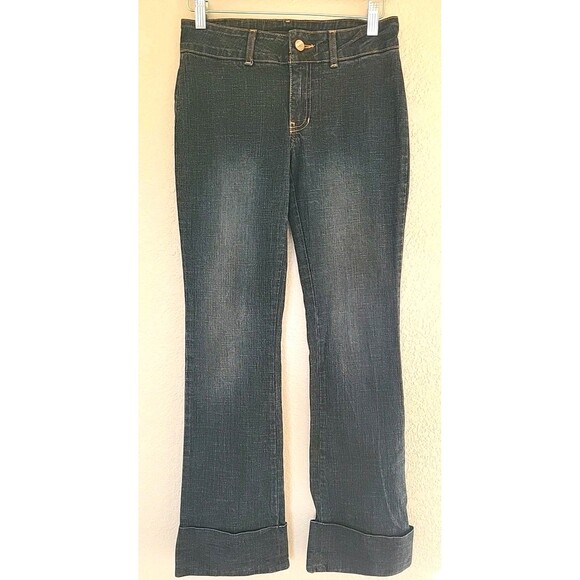 Bebe Jeans Womens Size 27/30 Blue Dark Wash Bootcut Fold Over Low Rise Made USA - Picture 1 of 12